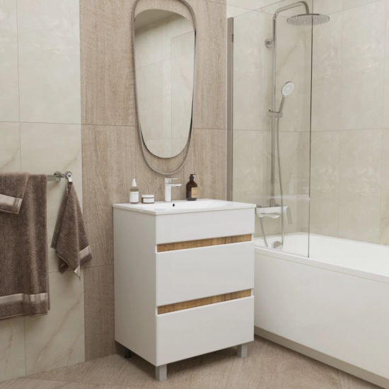 Тумба для комплекта MIXLINE Брикс-50 2 ящика, белый/дуб вотан, под раковину Breeze-50