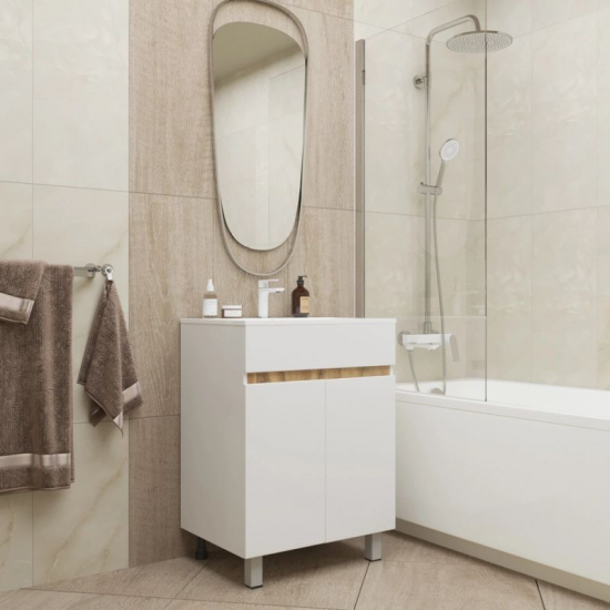 Тумба для комплекта MIXLINE Брикс-60 2 дверцы, белый/дуб вотан, под раковину Breeze-60