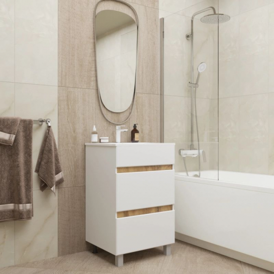 Тумба для комплекта MIXLINE Брикс-60 2 ящика, белый/дуб вотан, под раковину Breeze-60