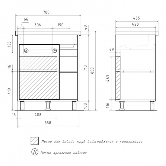 Тумба для комплекта MIXLINE Милтон-70 белый/дуб сонома, под раковину Фостер 70