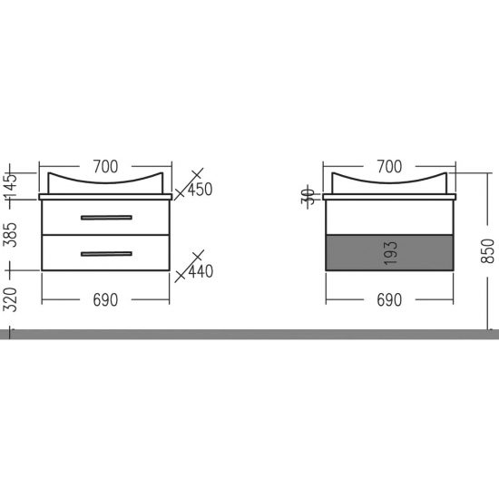 Тумба для комплекта САНТА Вегас 70 подвесная, 2 ящика