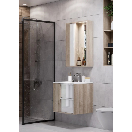 Тумба с раковиной АКВАТОН Бостон 75 дуб эврика, белая глянцевая, раковина Элина 75