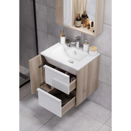 Тумба с раковиной АКВАТОН Бостон 75 дуб эврика, белая глянцевая, раковина Элина 75