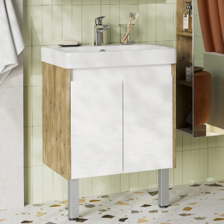 Тумба с раковиной АКВАТОН Сканди 55 белая глянцевая, дуб рустикальный