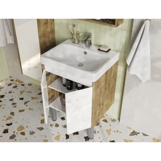 Тумба с раковиной АКВАТОН Сканди 55 белая глянцевая, дуб рустикальный