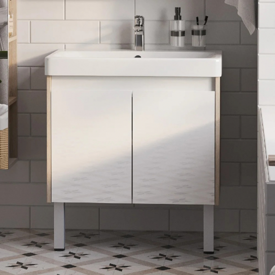 Тумба с раковиной АКВАТОН Сканди 70 белая глянцевая, дуб верона
