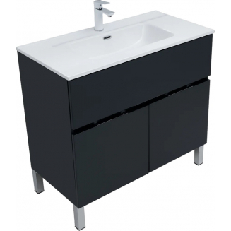 Тумба с раковиной AQUANET Алвита 90 напольная, антрацит, с дверками и ящиком