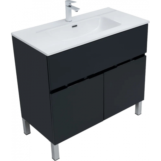 Тумба с раковиной AQUANET Алвита 90 напольная, антрацит, с дверками и ящиком