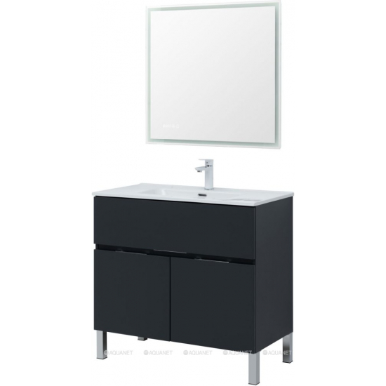 Тумба с раковиной AQUANET Алвита 90 напольная, антрацит, с дверками и ящиком
