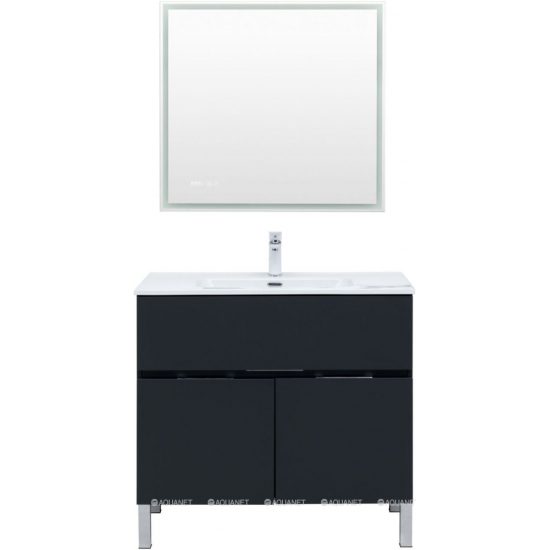 Тумба с раковиной AQUANET Алвита 90 напольная, антрацит, с дверками и ящиком