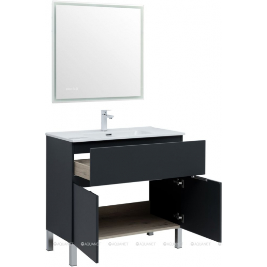 Тумба с раковиной AQUANET Алвита 90 напольная, антрацит, с дверками и ящиком