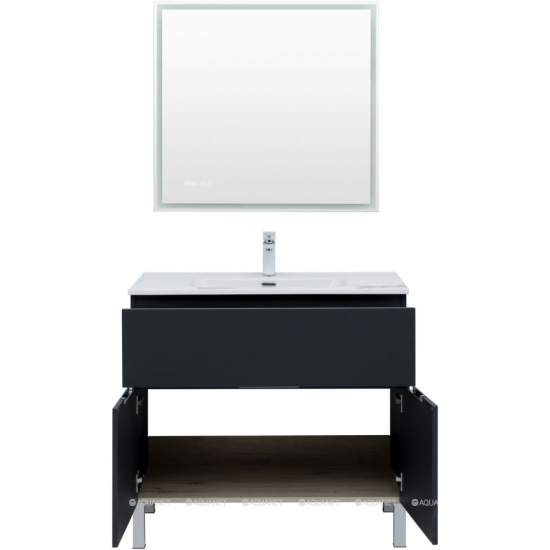 Тумба с раковиной AQUANET Алвита 90 напольная, антрацит, с дверками и ящиком