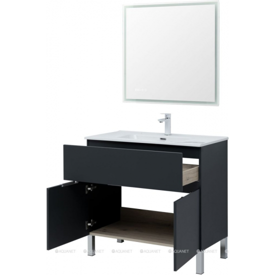 Тумба с раковиной AQUANET Алвита 90 напольная, антрацит, с дверками и ящиком