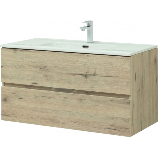 Тумба с раковиной AQUANET Алвита New 100 подвесная, 2 ящика, дуб веллингтон белый