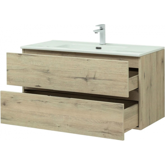 Тумба с раковиной AQUANET Алвита New 100 подвесная, 2 ящика, дуб веллингтон белый