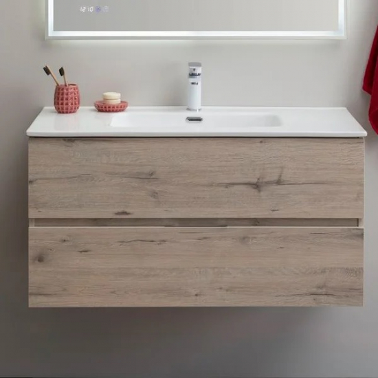 Тумба с раковиной AQUANET Алвита New 100 подвесная, 2 ящика, дуб веллингтон белый