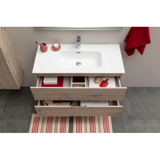 Тумба с раковиной AQUANET Алвита New 100 подвесная, 2 ящика, дуб веллингтон белый