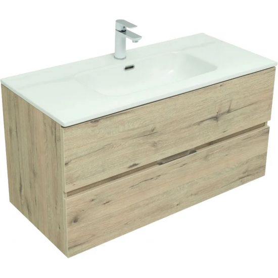 Тумба с раковиной AQUANET Алвита New 100 подвесная, 2 ящика, дуб веллингтон белый