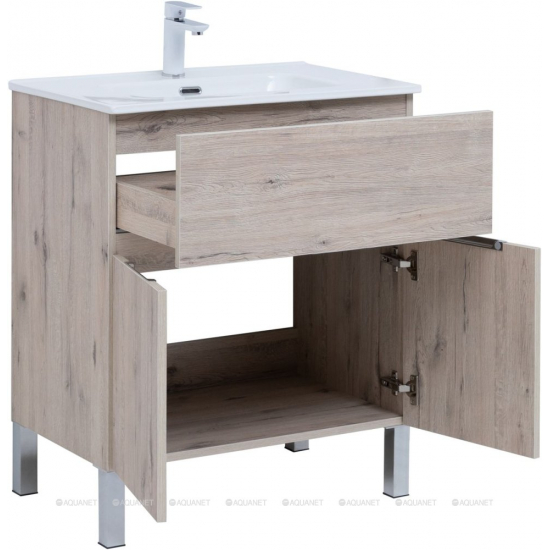 Тумба с раковиной AQUANET Алвита New 70 напольная, 1 ящик, 2 дверцы, дуб веллингтон белый