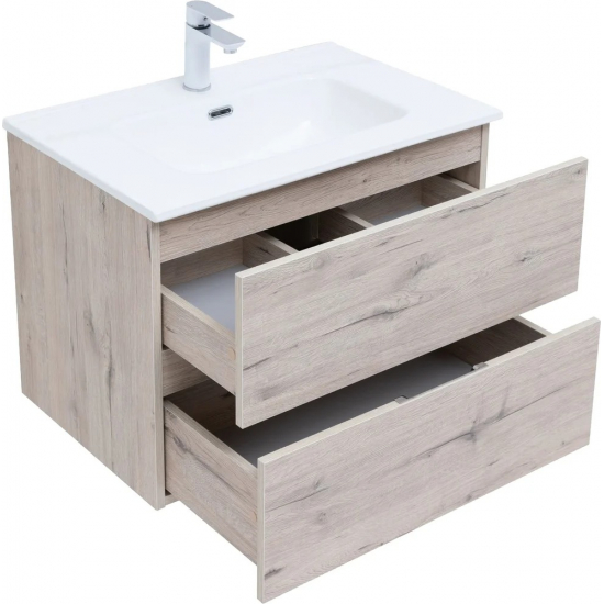 Тумба с раковиной AQUANET Алвита New 70 подвесная, 2 ящика, дуб веллингтон белый