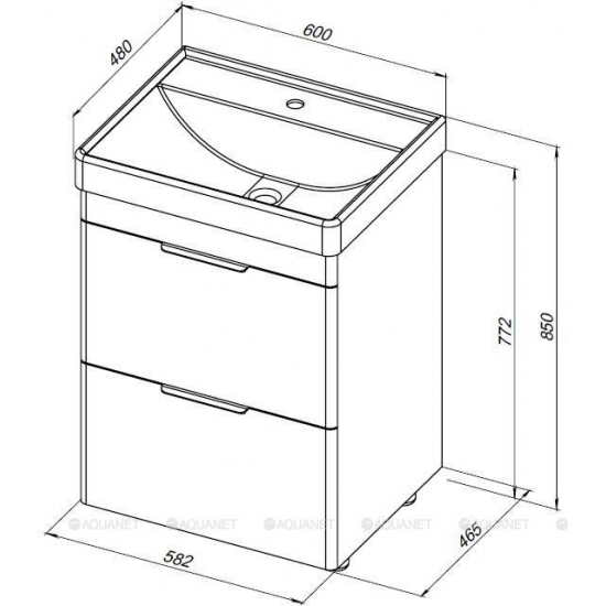 Тумба с раковиной AQUANET Ирис New 60 напольная, 2 ящика