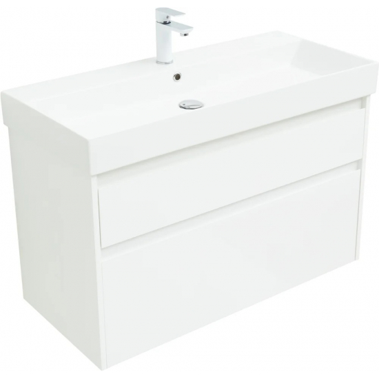 Тумба с раковиной AQUANET Nova Lite 100 подвесная (SLIM SYNERGY) белая глянцевая, 2 ящика