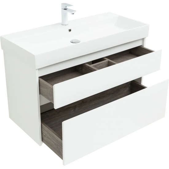 Тумба с раковиной AQUANET Nova Lite 100 подвесная (SLIM SYNERGY) белая глянцевая, 2 ящика