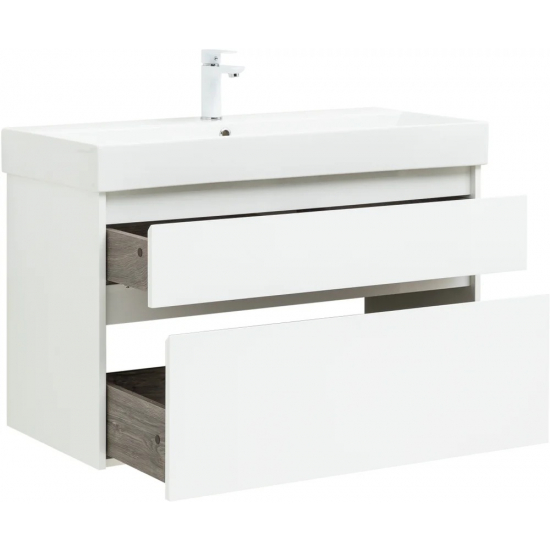Тумба с раковиной AQUANET Nova Lite 100 подвесная (SLIM SYNERGY) белая глянцевая, 2 ящика