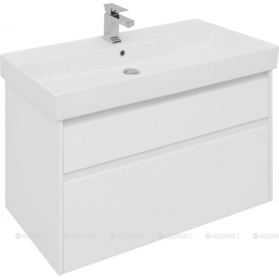 Тумба с раковиной AQUANET Nova Lite 85 подвесня белая глянцевая, 2 ящика