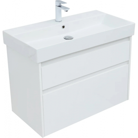 Тумба с раковиной AQUANET Nova Lite 85 подвесня белая глянцевая, 2 ящика