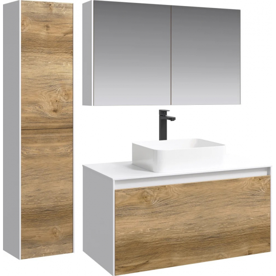 Тумба с раковиной AQWELLA 5 stars Mobi 100 белая, дуб балтийский