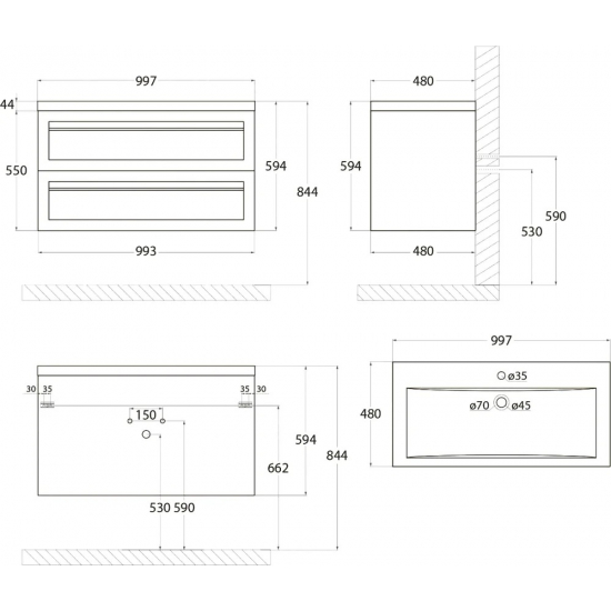 Тумба с раковиной ART&MAX Platino 100, подвесная, черная матовая