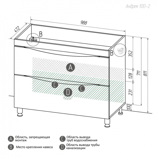 Тумба с раковиной AURA Андрея 100-2 напольная, белая