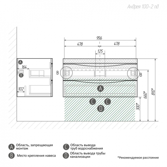 Тумба с раковиной AURA Андрея 100-2 пд подвесная, белая
