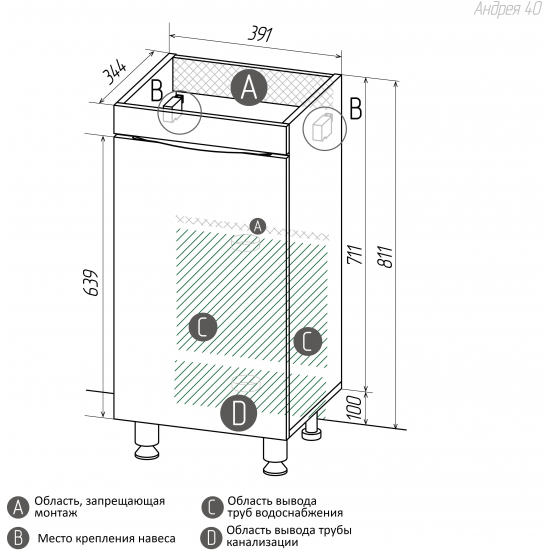 Тумба с раковиной AURA Андрея 40 L левая напольная, белая