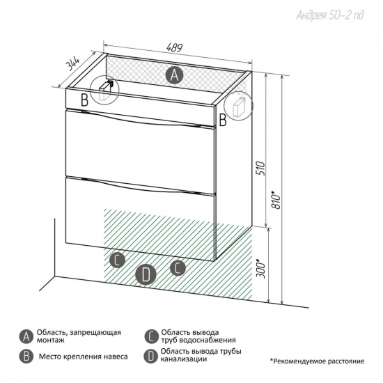 Тумба с раковиной AURA Андрея 50-2 пд подвесная, белая