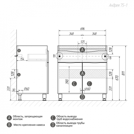 Тумба с раковиной AURA Андрея 75-1 напольная, белая