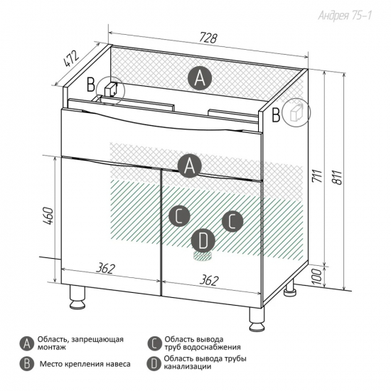 Тумба с раковиной AURA Андрея 75-1 напольная, белая