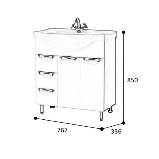 Тумба с раковиной AURA Люкс 80-3 напольная, белая