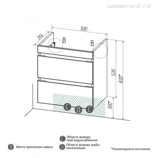 Тумба с раковиной AURA Сантельмо Слим 50-2 пд подвесная, белая