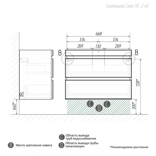 Тумба с раковиной AURA Сантельмо Слим 70-2 пд подвесная, белая