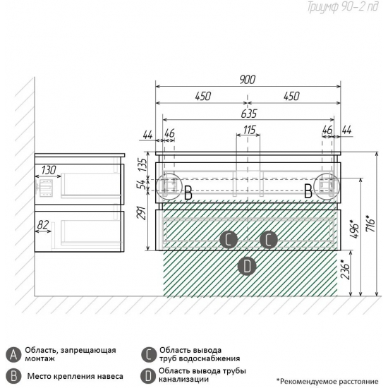 Тумба с раковиной AURA Триумф 90-2 пд подвесная
