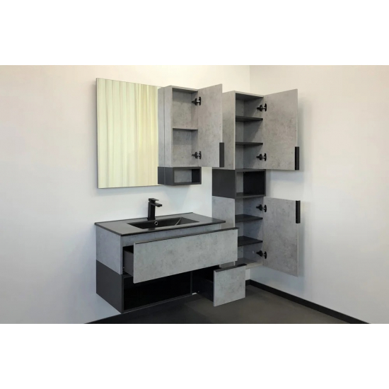 Тумба с раковиной COMFORTY Франкфурт 90 подвесная, бетон светлый, черная раковина