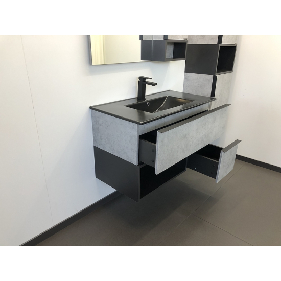 Тумба с раковиной COMFORTY Франкфурт 90 подвесная, бетон светлый, черная раковина