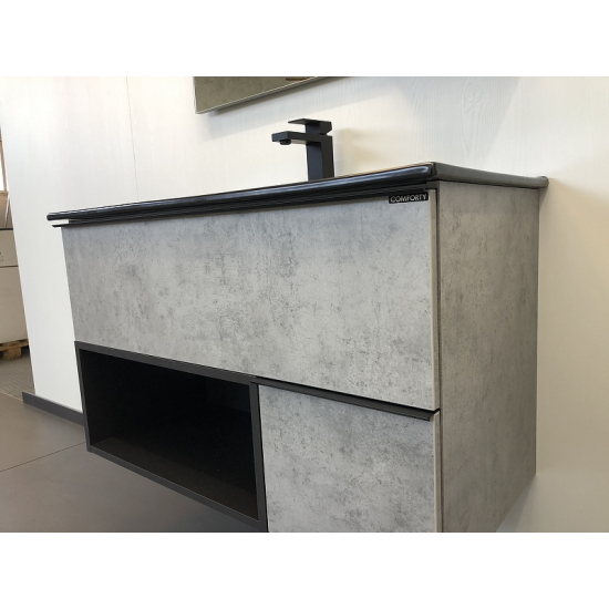 Тумба с раковиной COMFORTY Франкфурт 90 подвесная, бетон светлый, черная раковина