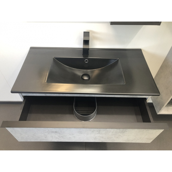 Тумба с раковиной COMFORTY Франкфурт 90 подвесная, бетон светлый, черная раковина