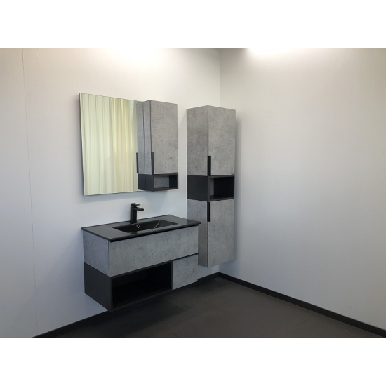 Тумба с раковиной COMFORTY Франкфурт 90 подвесная, бетон светлый, черная раковина