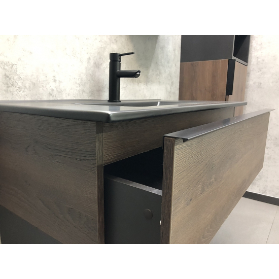 Тумба с раковиной COMFORTY Франкфурт 90 подвесная, дуб шоколадно-коричневый, черная раковина