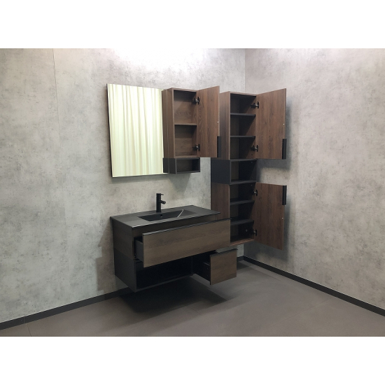 Тумба с раковиной COMFORTY Франкфурт 90 подвесная, дуб шоколадно-коричневый, черная раковина