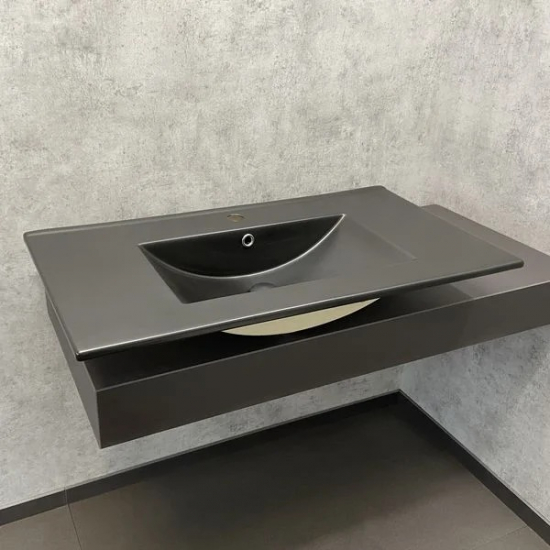 Тумба с раковиной COMFORTY Франкфурт 90 подвесная, дуб шоколадно-коричневый, черная раковина